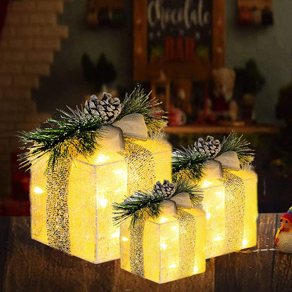 Set of 3 Christmas Lighted Gift Boxes, Pre-Lit 60 LED Light up Present Boxes Ornament Outdoor Warm White Tinsel Boxes Decoration for Indoor Christmas Home Yard Lawn Decor