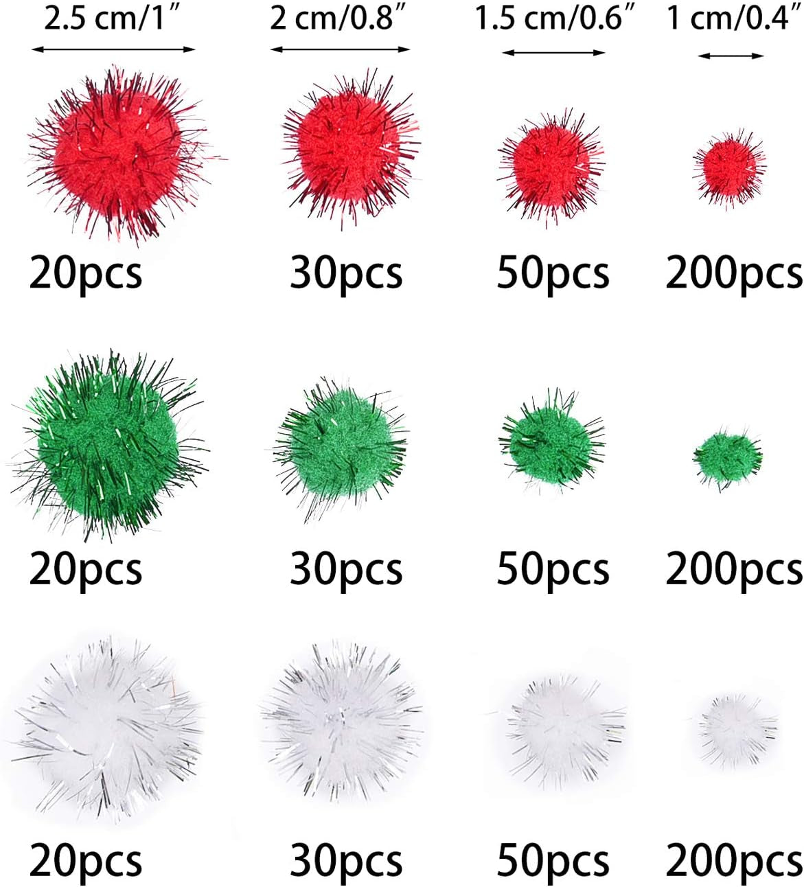 Christmas Pom Poms Pompoms Red Green White Glitter Fluffy Balls, DIY Art Crafts Decorations Supplies (4 Sizes, 900 Pieces)