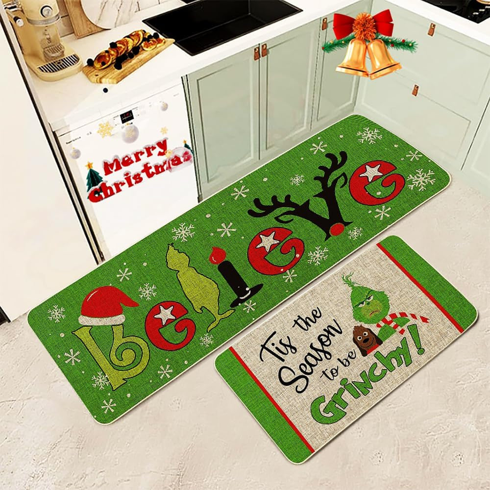 Christmas Kitchen Rugs and Mats Set of 2, Christmas Indoor Floor Mats Non-Slip Kitchen Mat Door Mat Runner Rug for Kitchen Home Christmas Decor 17" X 47"+17" X 29"