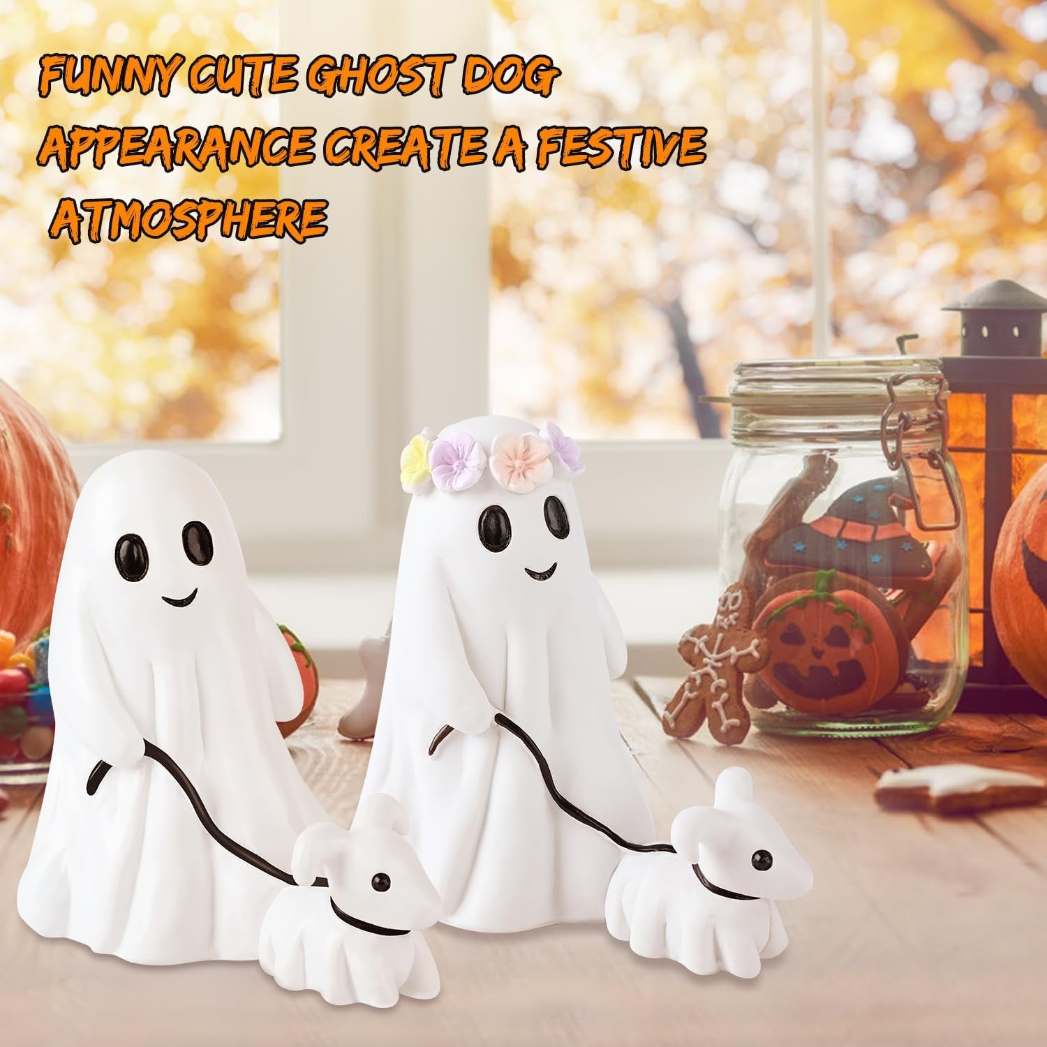 Halloween Ghost Walking Dog Statue, Cutest Ghost Walking Dog, Spooky Ghost Dog Halloween Figurine for Indoor Halloween Decor (Girl 6")