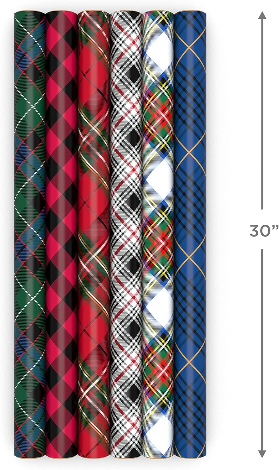 Christmas Wrapping Paper Rolls - Black and Red Buffalo Plaid, Royal Stewart Tartan, Blue, Green (6 Rolls: 180 Sq. Ft. Ttl.) for Holiday Parties, Hanukkah, Winter Weddings