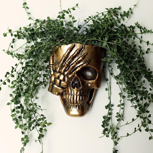 Skull Fence Planter for Outdoor Plants, Spooky Skull Wall Planters for Indoor Outdoor Décor, Funny Gothic Hanging Skeleton Head Plant Pot Gold Face Vase with Drainage