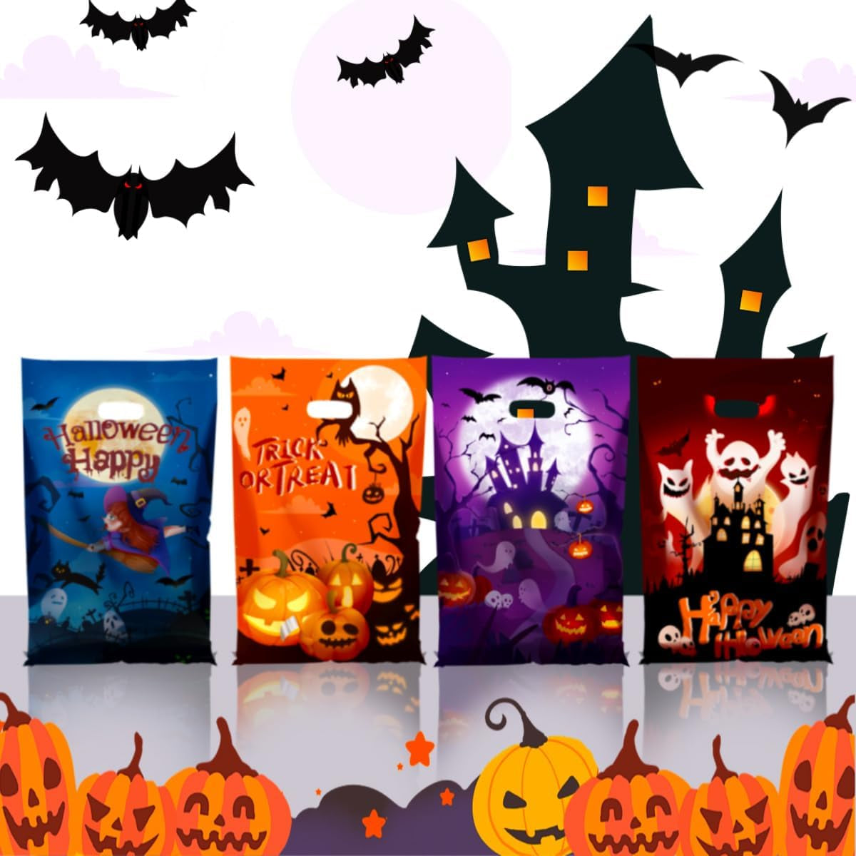 6.5''X10.5'' Halloween Cellophane Treat Bags with Handle, Halloween Trick or Treat 50 Pack Goodie Bags Halloween Candy Goody Bags for Halloween Decorations Party