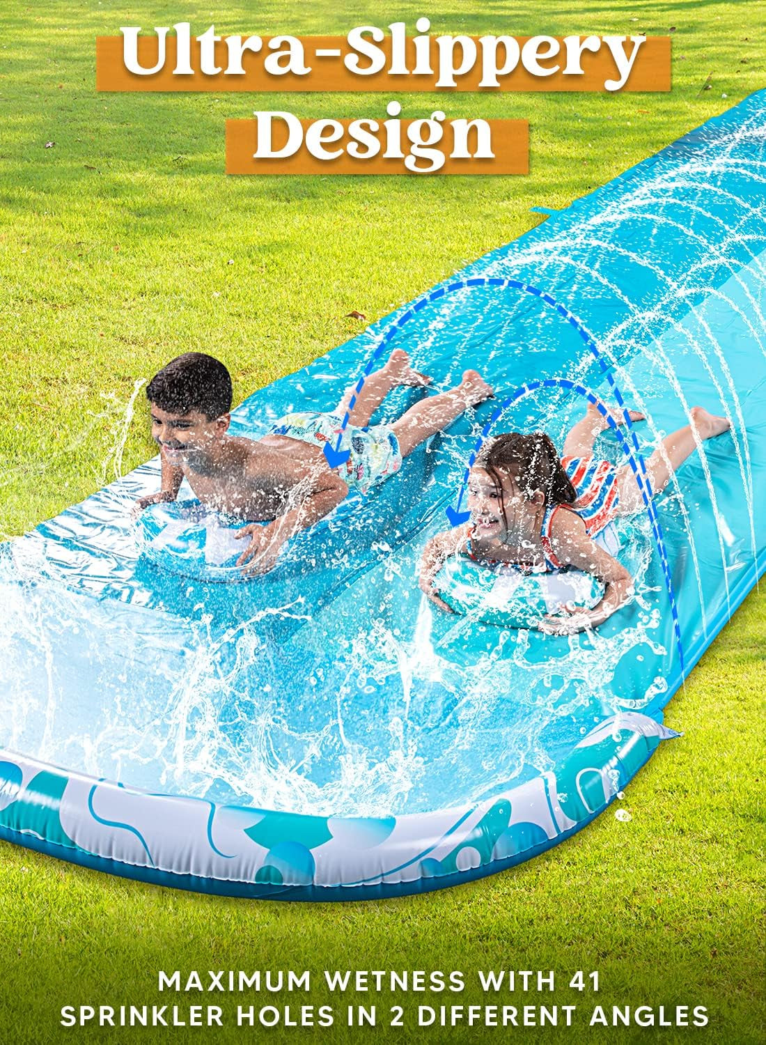 22.5Ft Double Water Slide, Heavy Duty Lawn Water Slide with Sprinkler and 2 Slip Inflatable Boards for Summer Yard Lawn Outdoor Water Play Activities,Light Blue
