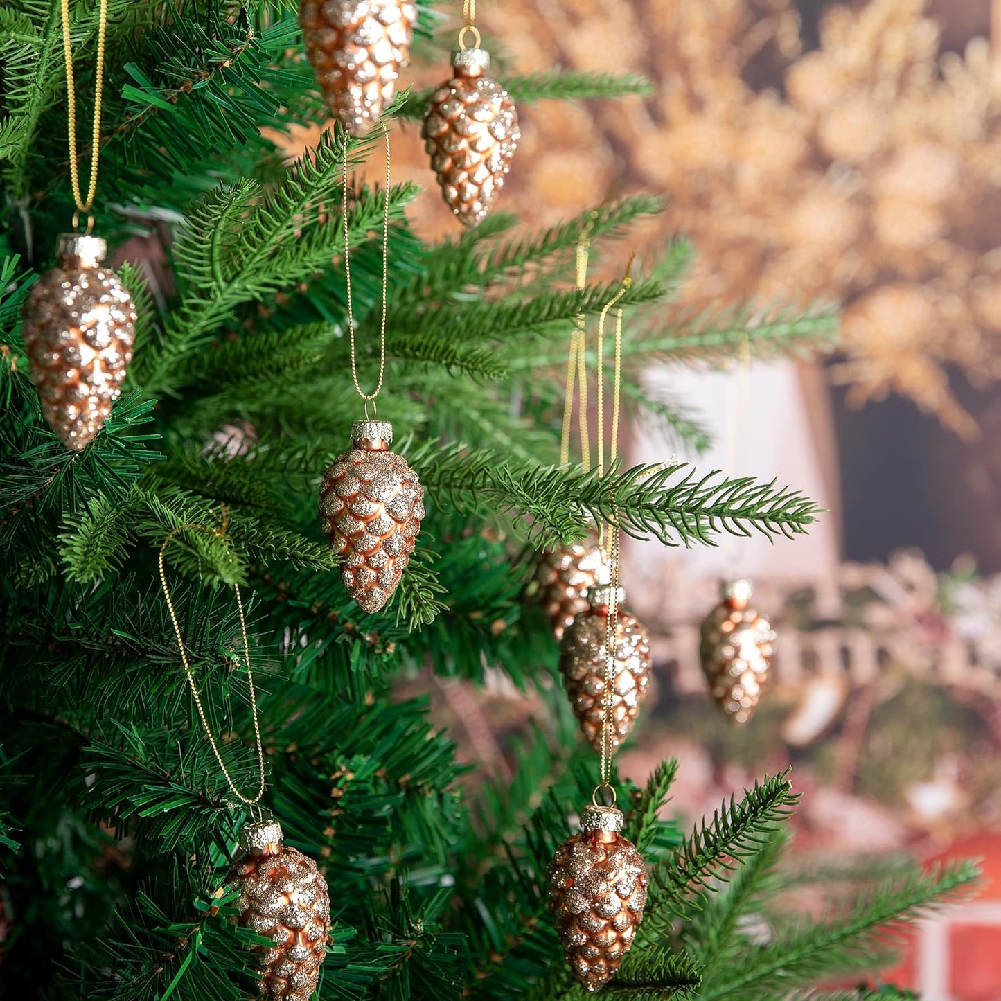 12 Pcs Christmas Pinecone Glass Ornaments- Fall Hanging Pine Cone Painted Glass Ornaments- Glitter Pinecone Christmas Ornament for Xmas Tree DIY Crafts Fall Thanksgiving Day Decoration