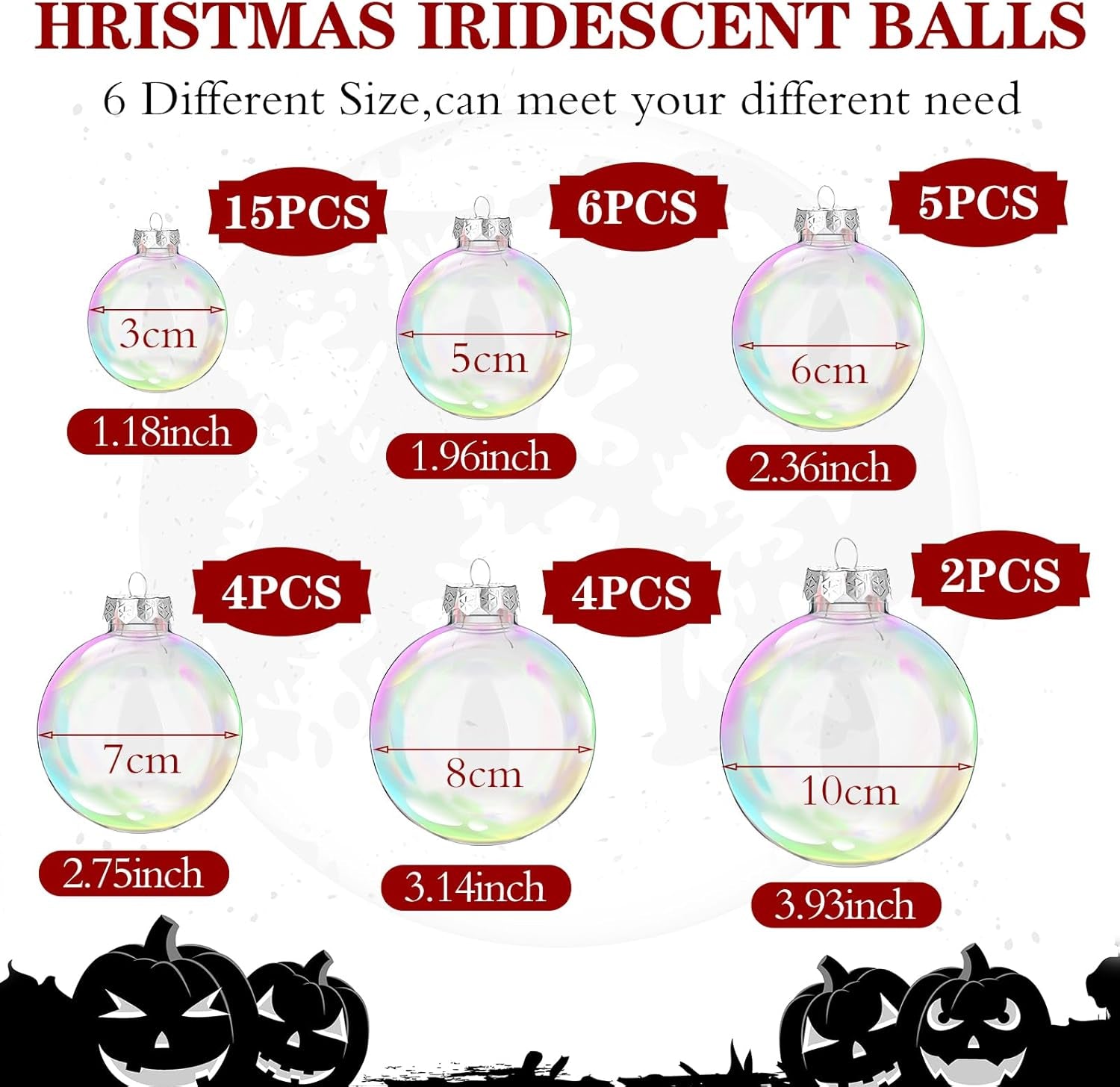 36 Pcs Iridescent Christmas Ornaments Balls, Transparent Plastic Balls for DIY Halloween Cauldron, Holiday Party Decor, 6 Sizes