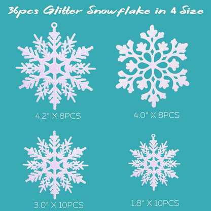 36 Pack Plastic White Snowflake Ornaments Christmas Winter Decorations, Hanging Snowflake Decorations for Winter Wonderland Christmas Tree