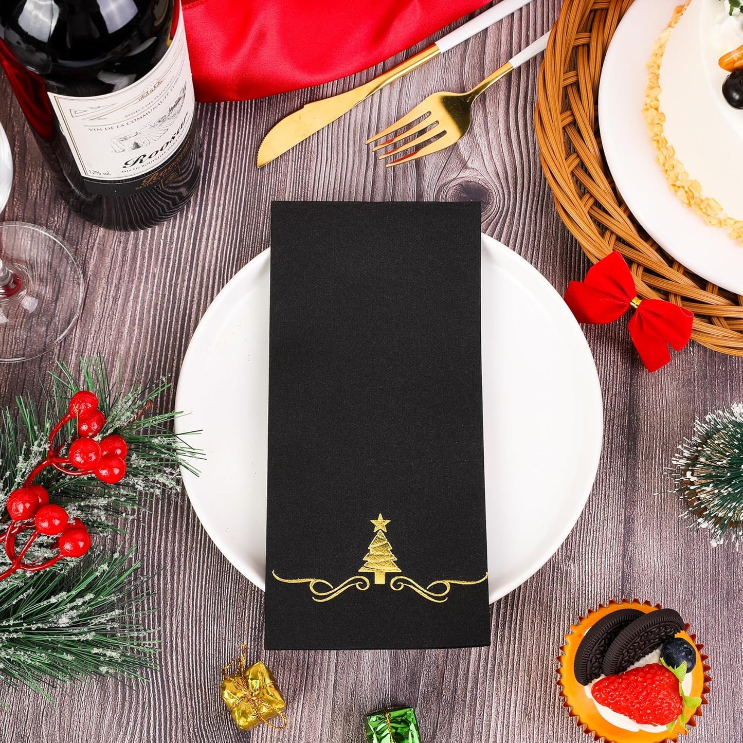 100 Pack Christmas Disposable Guest Napkins 12 X 17 Inch Silver Foil Christmas Trees Napkins Xmas Tree Hand Towels for Bathroom Kitchen Weddings Christmas Holiday Party, Black