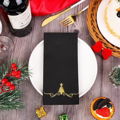 100 Pack Christmas Disposable Guest Napkins 12 X 17 Inch Gold Foil Christmas Trees Napkins Xmas Tree Hand Towels for Bathroom Kitchen Weddings Christmas Holiday Party, Red