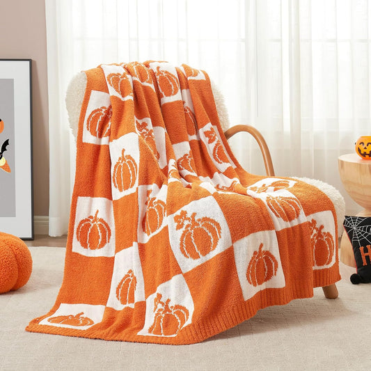 Fall Checkered Blanket Orange Pumpkin Throw Blanket for Couch, Bed, Sofa, 50X60 Inches, Ribbed Jacquard Ultra Soft Decorative Blanket, Pumpkin Throw Blankets for Halloween Harvest Gifts