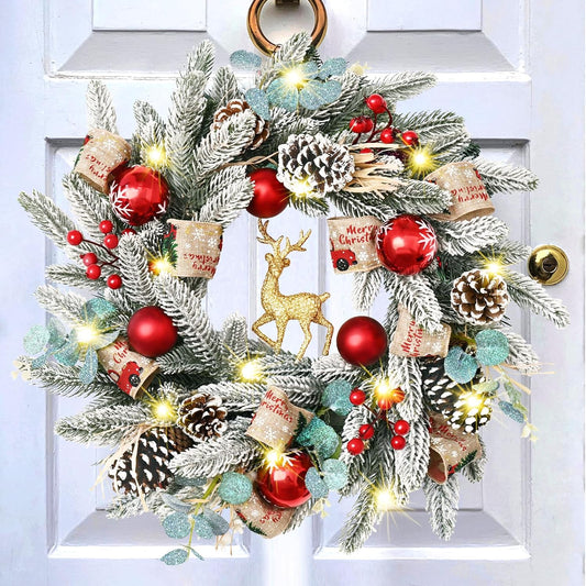 Christmas Wreath Decor - 18'' Christmas Wreaths for Front Door with Sparkly Gold Christmas Reindeer Berries Pine Cones Pine Needles,Christmas Door Wreath for Home Door Wall Party Christmas Decorations