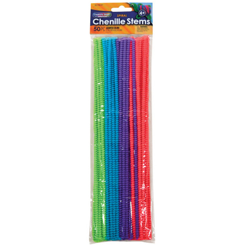 Spiral Chenille Stems, Assorted Colors, 12" x 6 mm, 50 Pieces