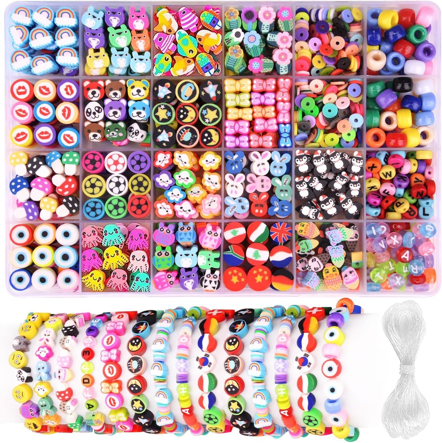 1000PCS Polymer Clay Beads Bracelet Making Kit, 24 Style Cute Fun Beads Fruit Flower Animal Cake Butterfly Heart Beads Charms for Jewelry Necklace Earring Making DIY Accessories for Women Girls