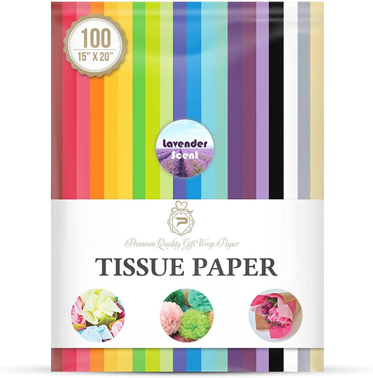 Tissue Paper for Gift Wrapping (100 Sheets) 20 Assorted Colors, Gift Bags, Packaging, Floral, Birthday, Holidays, Christmas, Halloween, and DIY Crafts (Lavender Scent)