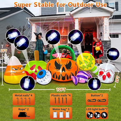 10 FT Halloween Inflatables Pumpkin Decoration with Candy Eyeball Combo Led Light Halloween Inflatables Outdoor Decorations Blow up Inflatables for Halloween Decor Holiday Party Lawn Yard Garden Décor