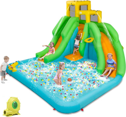 Inflatable Water Slide, 6 in 1 Kids Bouncer Water Park W/Climbing Wall & 2 Long Slides, Splash Pool, Water Cannons, Indoor Outdoor Blow up Water Slides for Backyard(With 480W Blower)