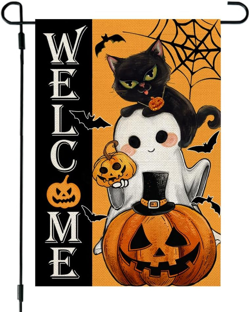 Halloween Garden Flag Cat Ghost Jack-O Lantern 12X18 Inch Double Sided for outside Small Holiday Yard Decoration