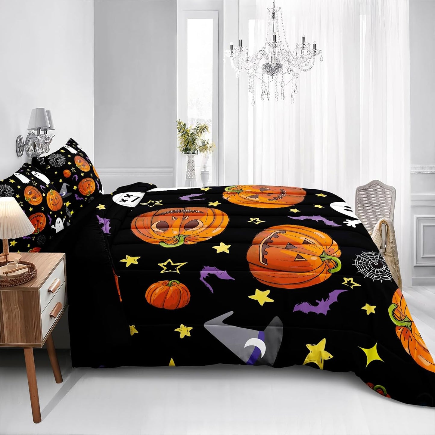 Pumpkin Comforter Set King Size Halloween Comforter Set Girls Boys Kids Cute Orange Pumpkin and White Ghost Printed Design Halloween Bedding Set 4 Pieces Candy and Pumpkin Bedding Sets