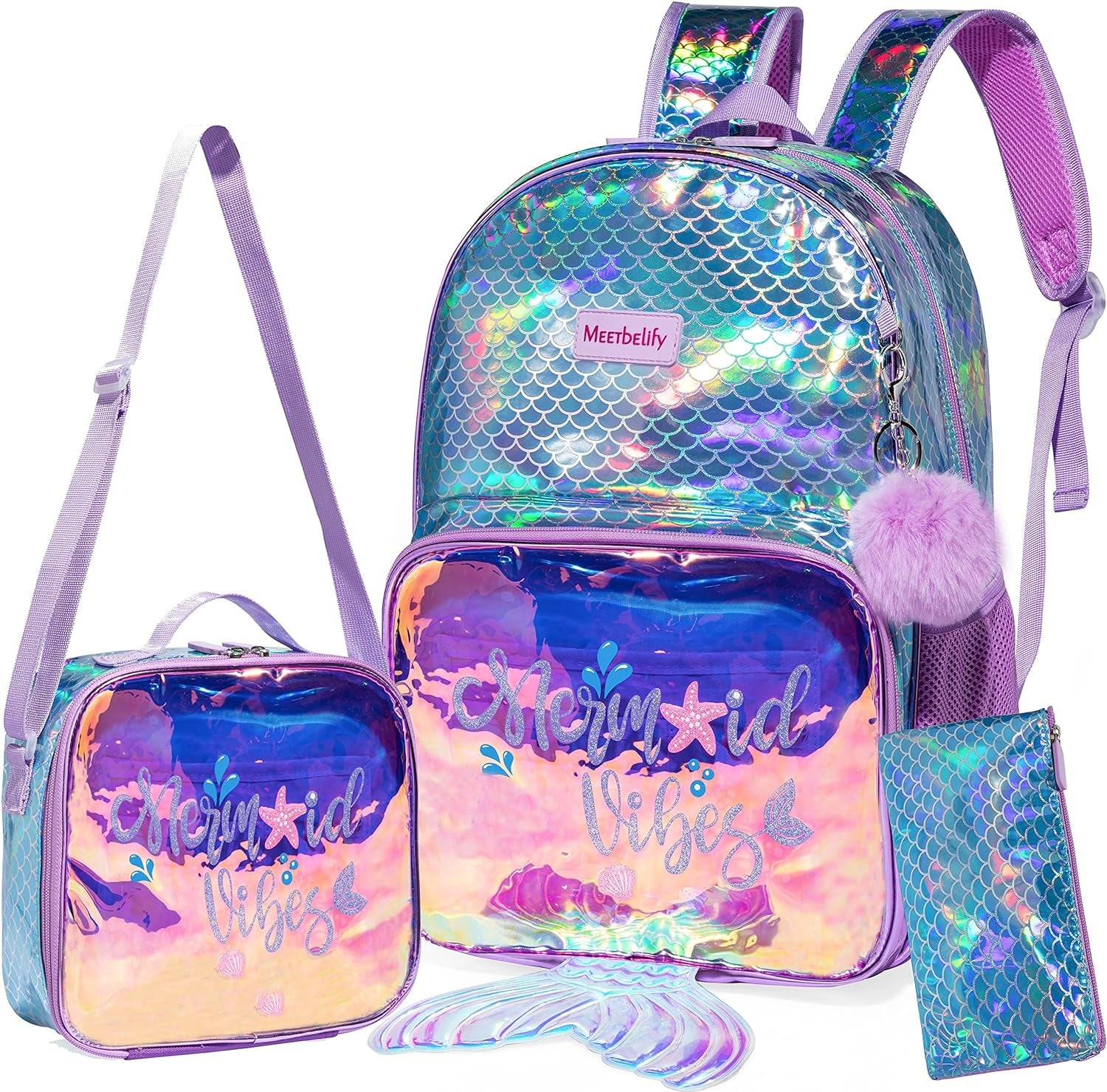 Kids Backpack for Gilrs School Mermaid Backpacks with Lunch Box for Elementary Kindergarten Cute 4 in 1 Bookbag for Girls