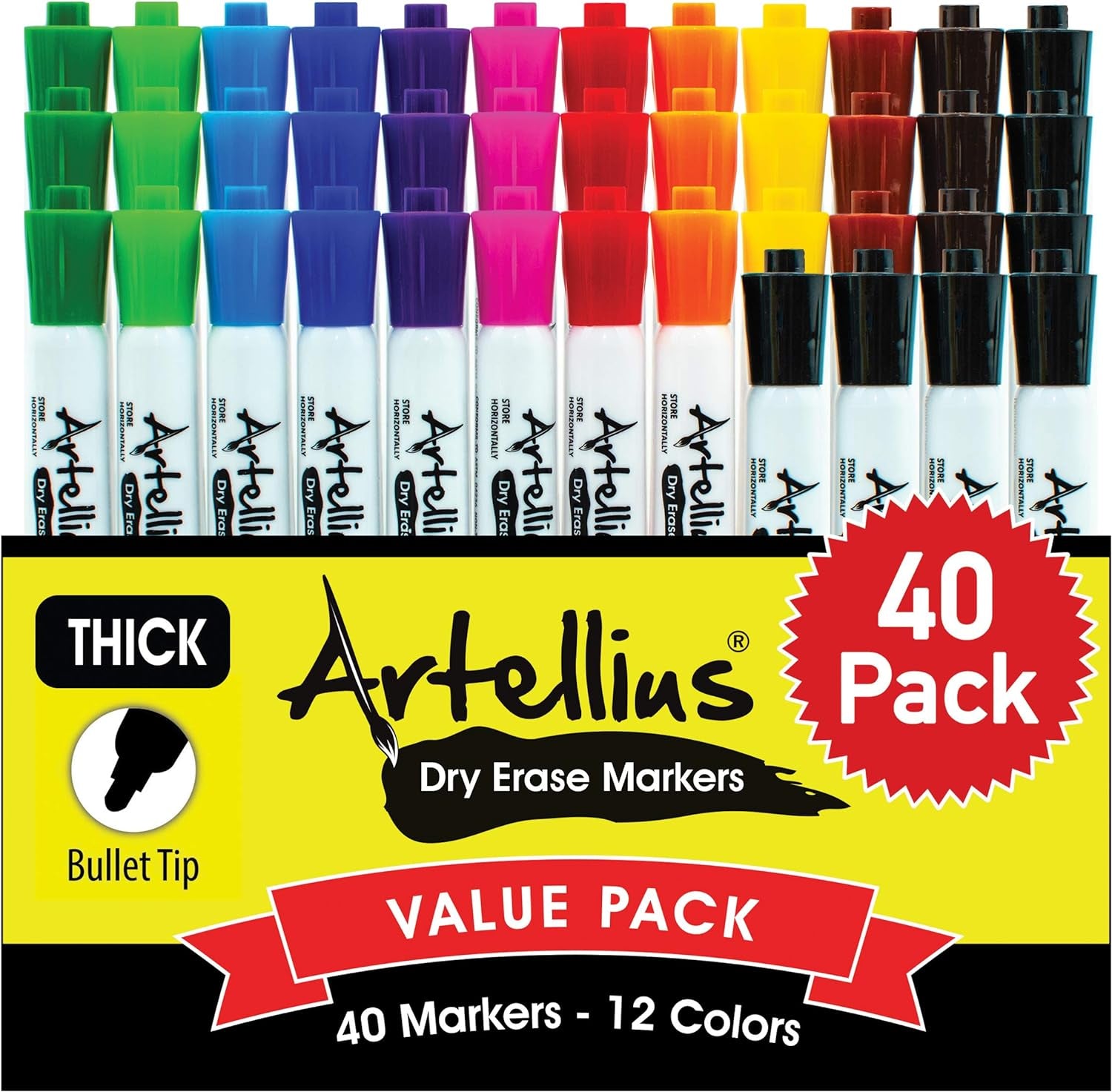 40 Pack of Dry Erase Markers (12 ASSORTED COLORS W/ 7 EXTRA BLACK) - Thick Barrel Design - Perfect Pens for Writing on Whiteboards, Dry-Erase Boards, Mirrors, & All White Board Surfaces
