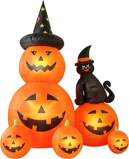 6 FT Halloween Inflatable Decorations Spooky Ghost Pumpkin Lighted and Witch'S Cat, Halloween Decorations Outdoor Inflatables Pumpkin Combo with Build-In LED Blow up Inflatables for Yard Garden