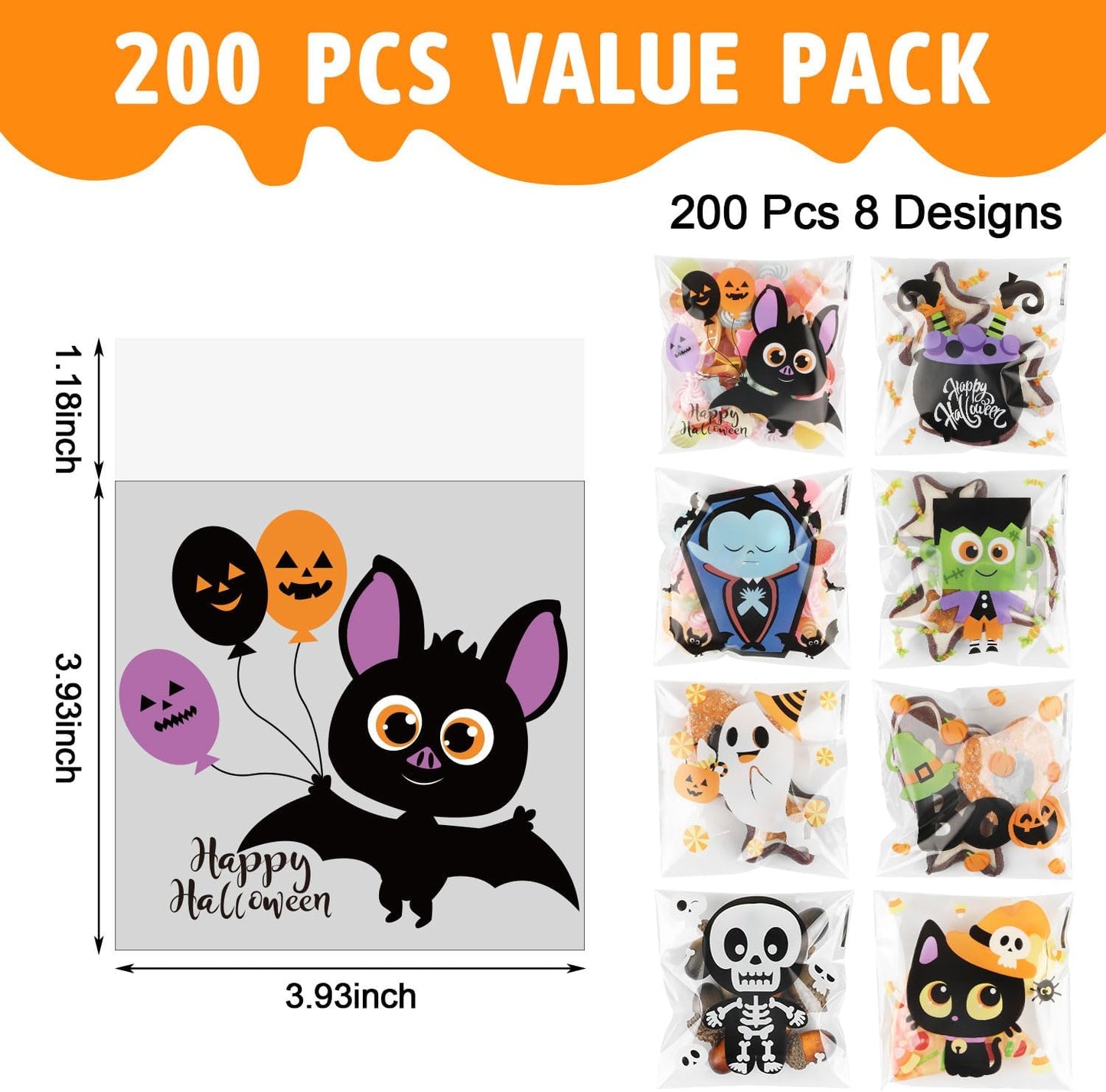 200Pcs Halloween Candy Bags,Self-Adhesive Cellophane Treat Bags 8 Styles Cute for Kids Gift Packing Party Favor Supplies