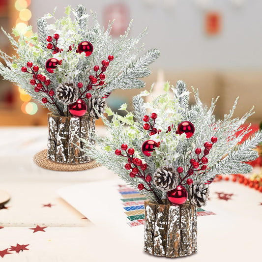 2 Pack Christmas Table Decorations, 14 Inch Christmas Centerpiece Small Potted Christmas Tree with Lights, Pine Cones and Berries, Xmas Artificial Plants for Tables, Home, Mantel Holiday Decor