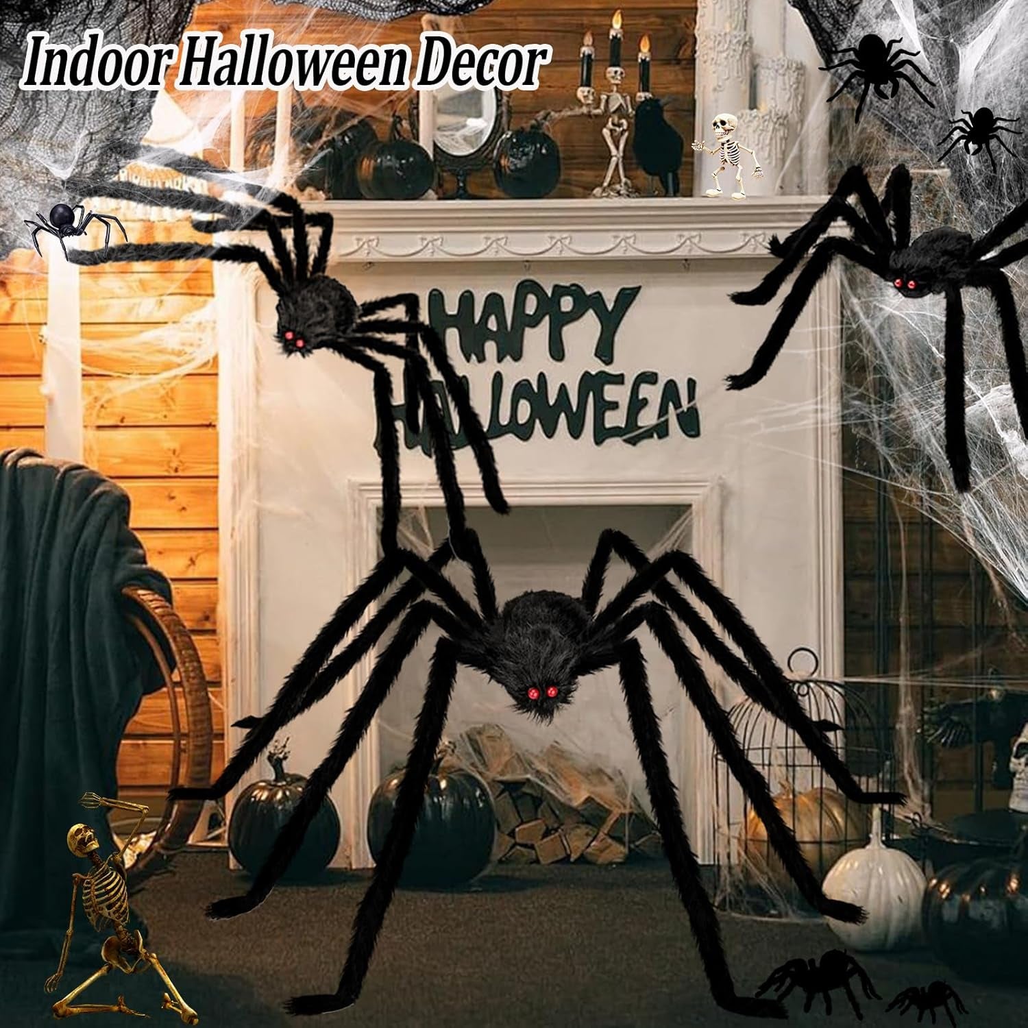 Halloween Giant Spider Decorations Indoor Outdoor Realistic Halloween Spider 3 Pack Sets with 250Sqft Spider Webs and 20 Fake Mini Spiders, Scary Hairy Spiders Props Yard Creepy Décor