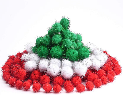 Christmas Pom Poms Pompoms Red Green White Glitter Fluffy Balls, DIY Art Crafts Decorations Supplies (4 Sizes, 900 Pieces)