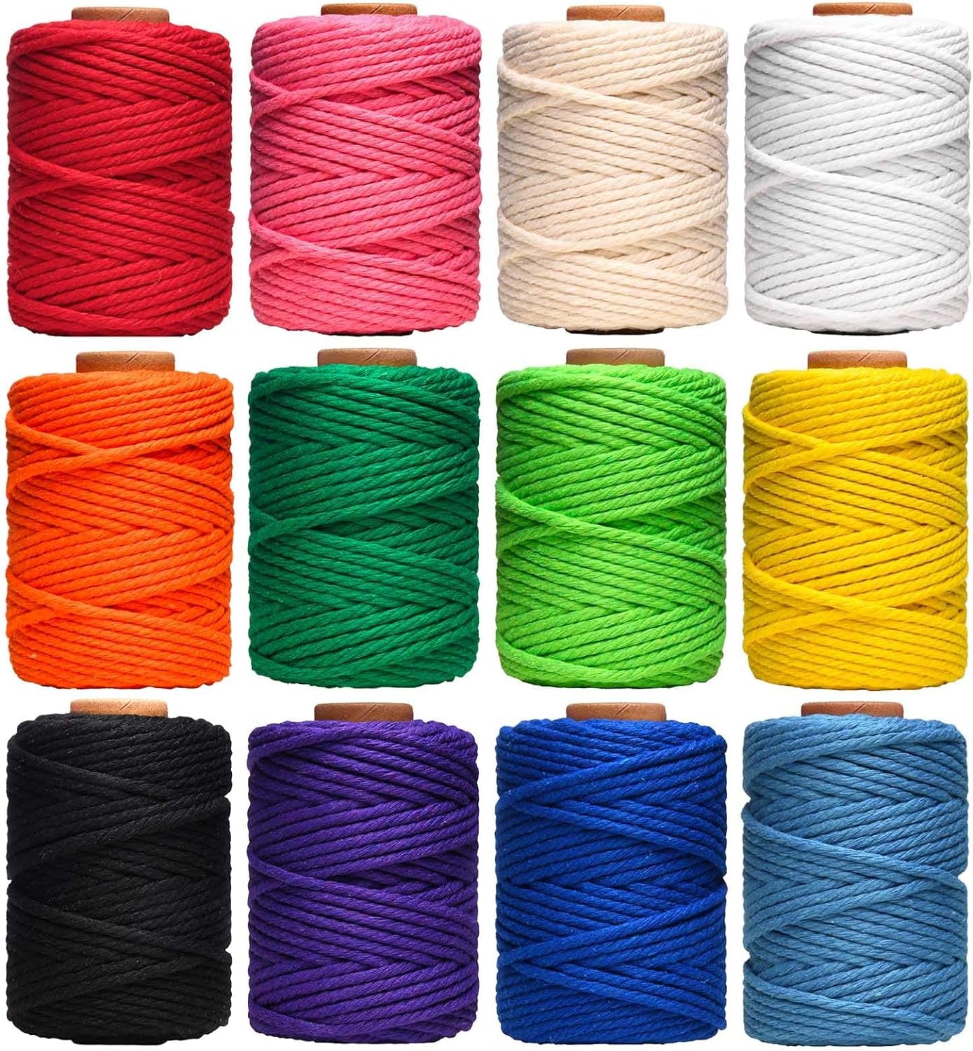 Macrame Cord, 3Mm X 396 Yards Natural Cotton Twine, 12 Rolls 4 Strand Colored Macrame String, Colorful Cotton Rope for DIY Crafts Knitting, Artworks, Wall Hanging, Plant Hangers