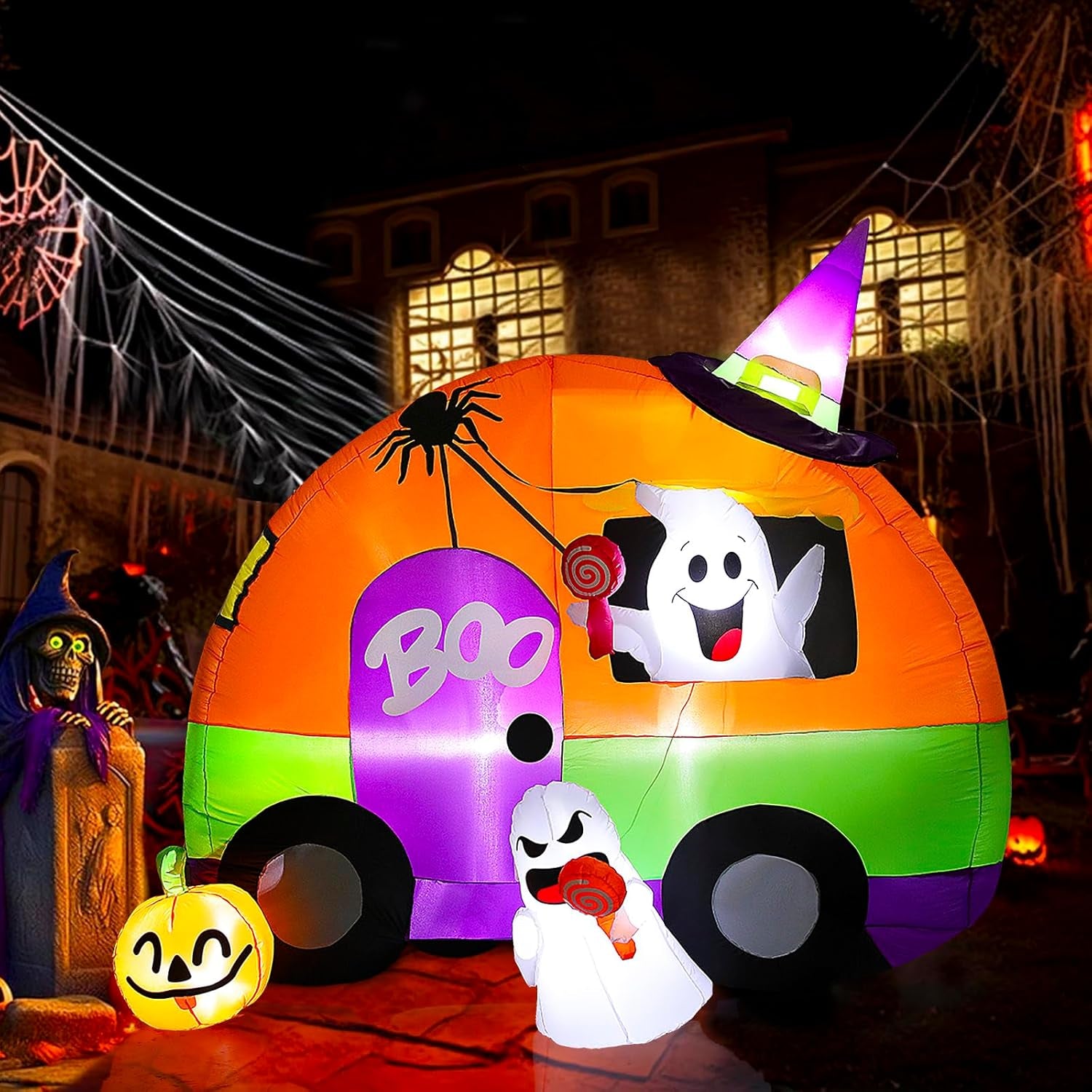 Halloween Inflatable Yard Decorations, 6Ft Tall Blow up Ghost Bus with Spider, Pumpkin, Witch Hat, Light up Holiday Inflatables Decorations for Indoor Outdoor, Party, Garden, Lawn (Ghost Bus)