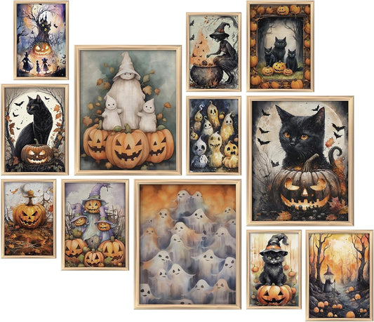 Vintage Halloween Wall Art Unframed Cute Witch Cat Pumpkin Halloween Poster Dark Academia Gothic Wall Decor Creepy Aesthetic Halloween Pictures Print for Bedroom Gallery Wall Home Decor