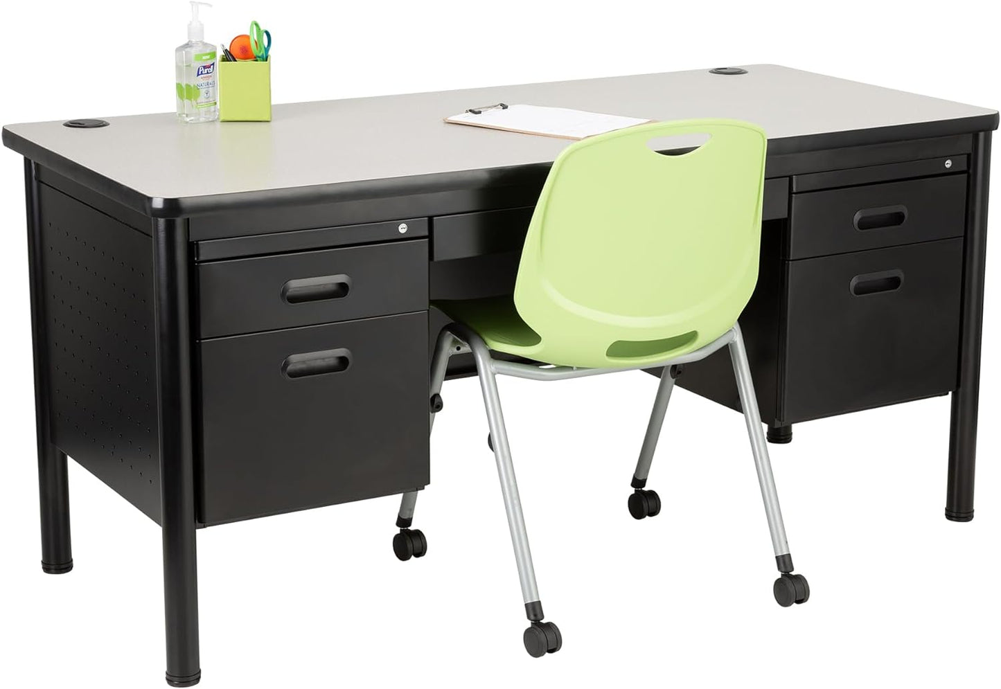 Double Pedestal Learniture Steel Teacher Desk, Gray Nebula