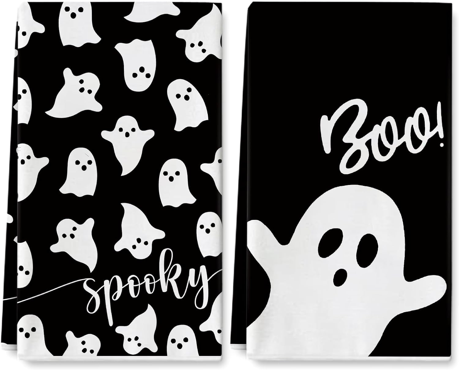 Halloween Kitchen Towel 18 X 28 Inch Black White Ghost Dishcloth Scary Hand Drying Tea Towel for Halloween Baking Cooking Home Kitchen Decor Housewarming Gift, 2Pcs