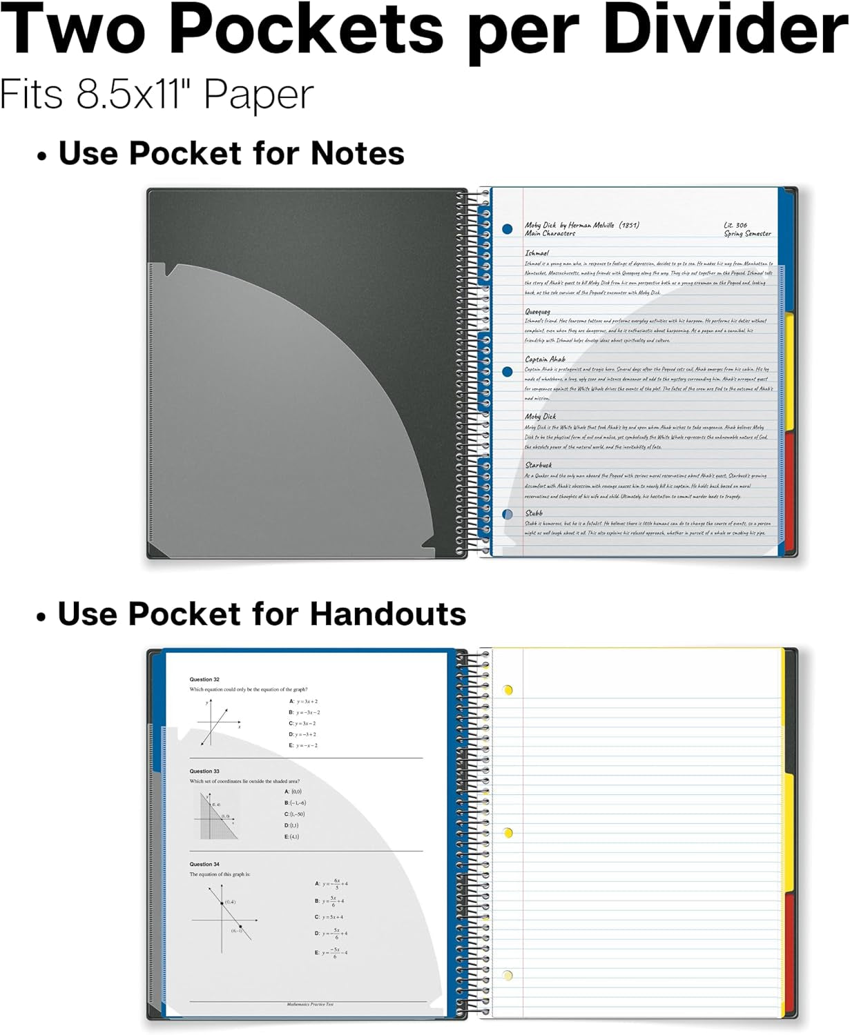 3-Subject Notebook College Ruled 8.5 X 11 (Red) - 150 Sheets/300 Pages, Spiral Notebook 8.5X11 with Tabs, Movable Dividers, Pockets, Front/Back Plastic Covers, Multi Subject Notebook