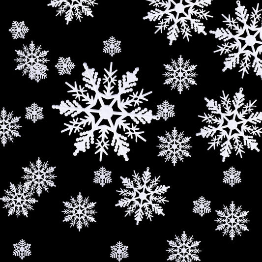 Christmas White Snowflake Ornaments Plastic Snowflakes Hanging Craft for Winter Party Christmas Tree Decorations, Assorted Sizes (1,2,3,4,5,6 Inches) (50 Pieces)