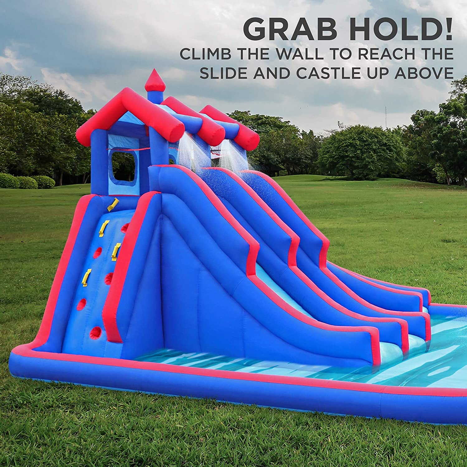 Mega Sport Inflatable Water Triple Slide Park – Heavy-Duty for Outdoor Fun - Climbing Wall, 3 Slides & Splash Pool – Easy to Set up & Inflate with Included Air Pump & Carrying Case