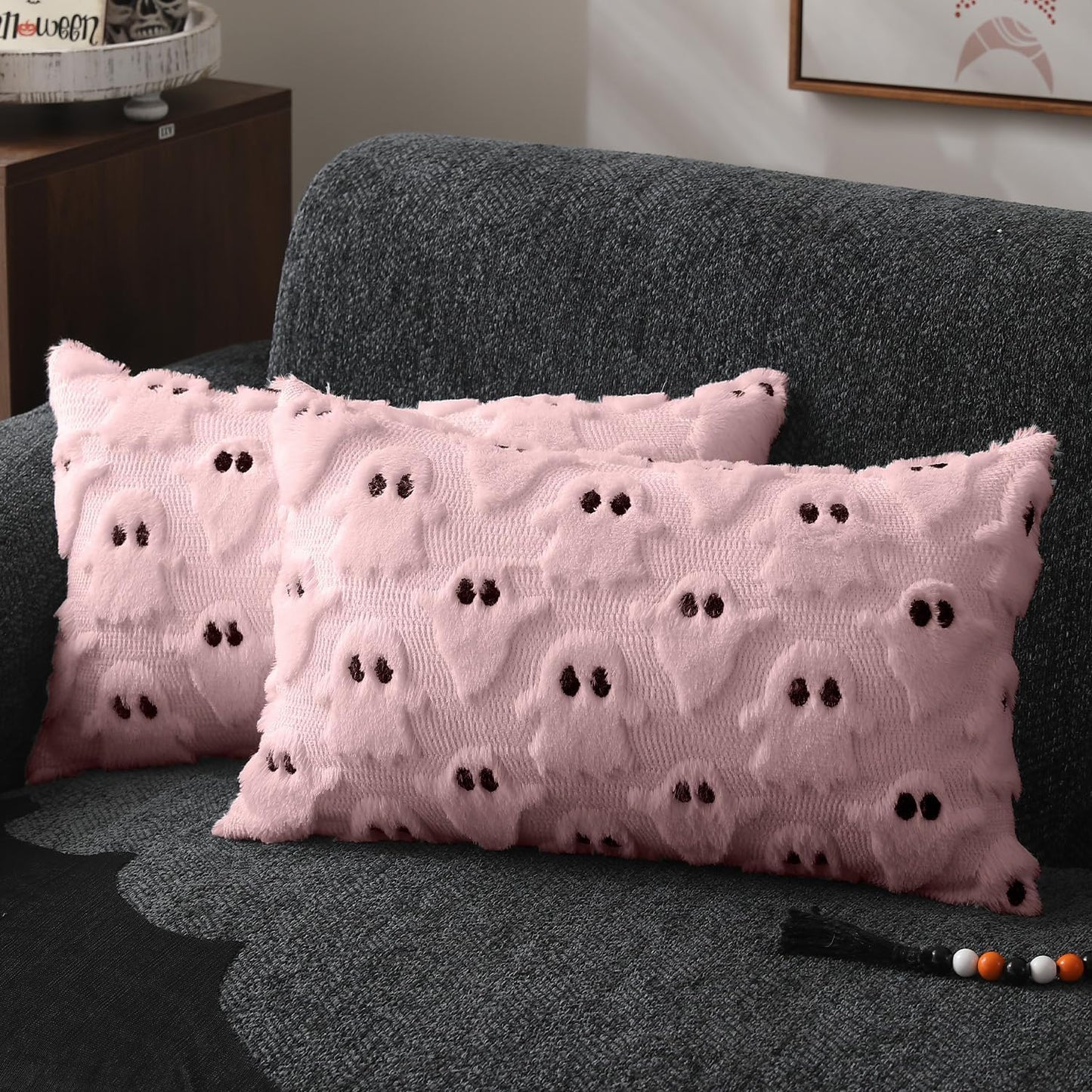 Halloween Pillow Covers 12X20 Inch Set of 2 Pink Ghost Throw Pillow Cases Soft Plush Faux Fur Wool Couch Cushion Case for Chair Sofa Bedroom Living Room Home Decor PTK03B12