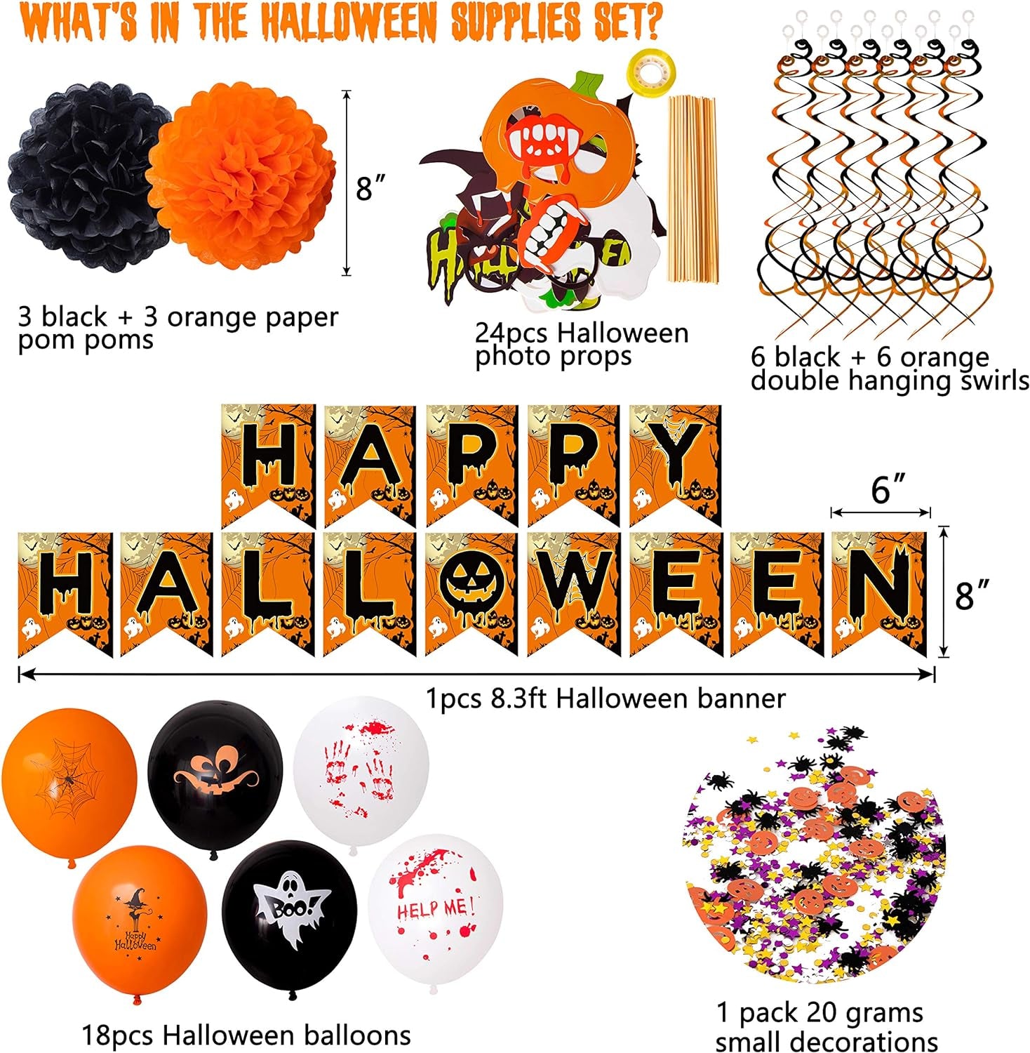 62PCS Halloween Party Decorations Set - Hallowmas Photo Booth Props Banner Balloons Pom Poms Hanging Swirls Spider Pumpkin Ornaments Supplies