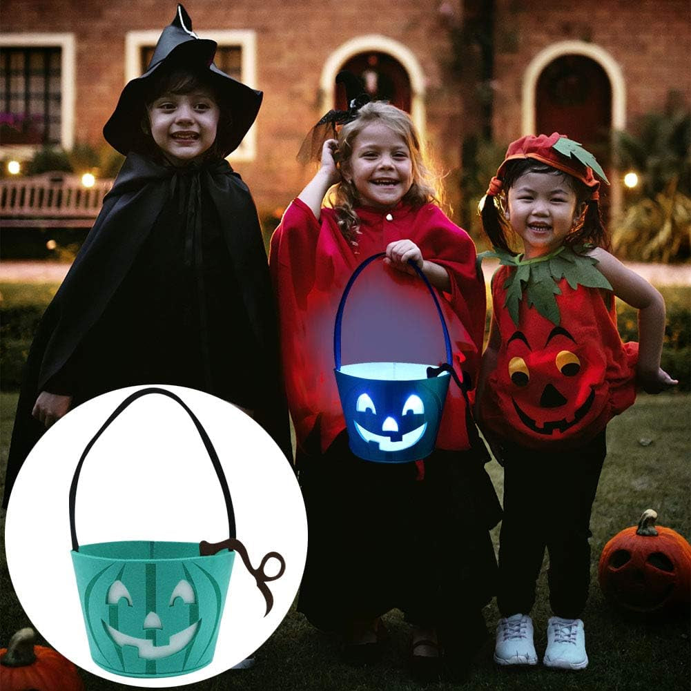 Light up Teal Pumpkin Halloween Felt Trick or Treat Bucket, with Blue LED Lights, Halloween Party Favors, Halloween Snacks, Halloween Goodie Bags for Kids, Novlety Gifts