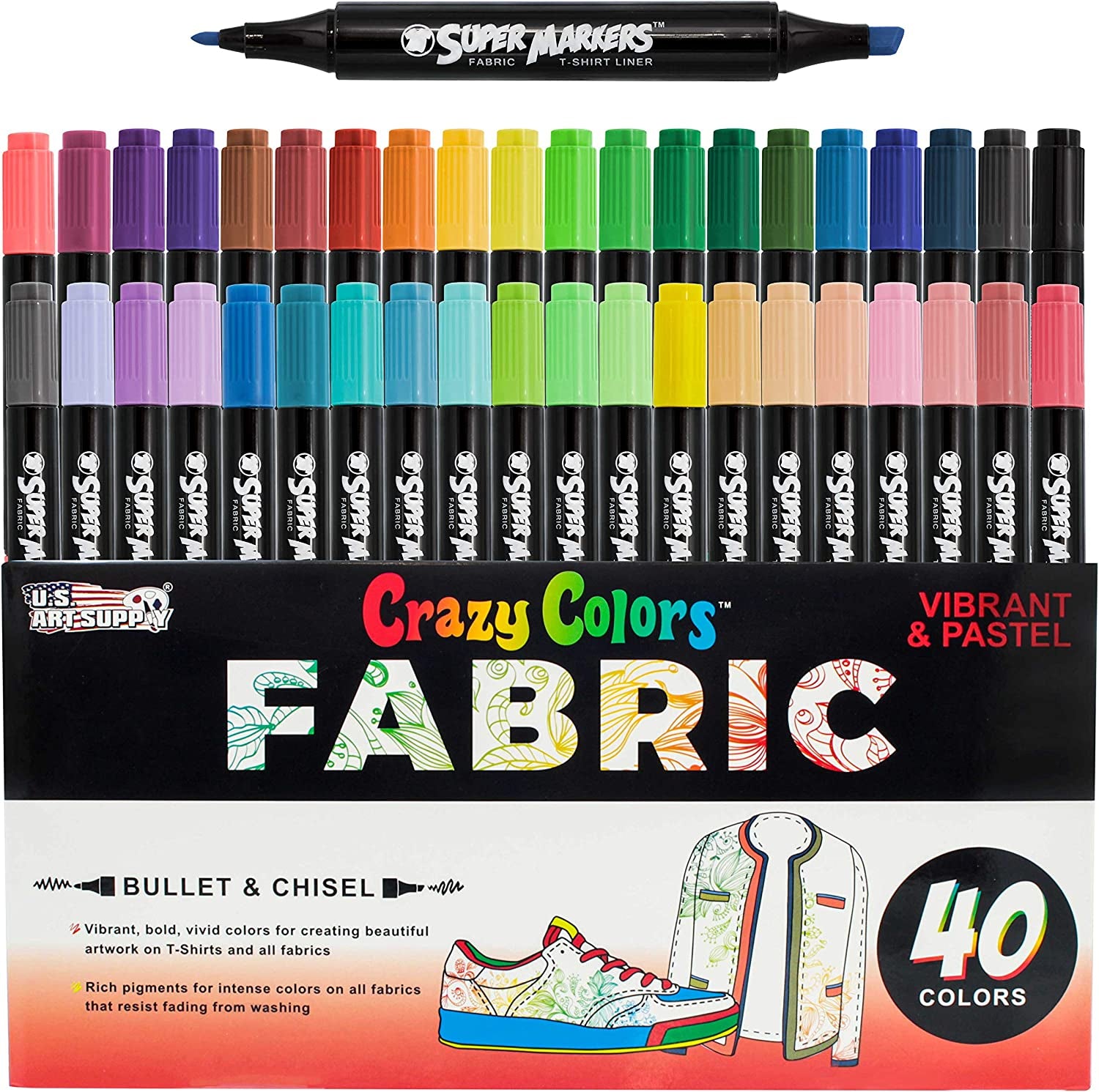 Super Markers 20 Unique Colors Dual Tip Fabric & T-Shirt Marker Set-Double-Ended Fabric Markers with Chisel Point and Fine Point Tips - 20 Permanent Ink Vibrant and Bold Colors