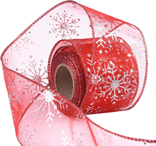 2.5 Inch Wide Christmas Wired Ribbon Snowflake Organza Sheer Glitter Ribbon for Xmas Tree, Wreath, Party Decoration, Gift Wrapping (Red, 10.9 Yards)