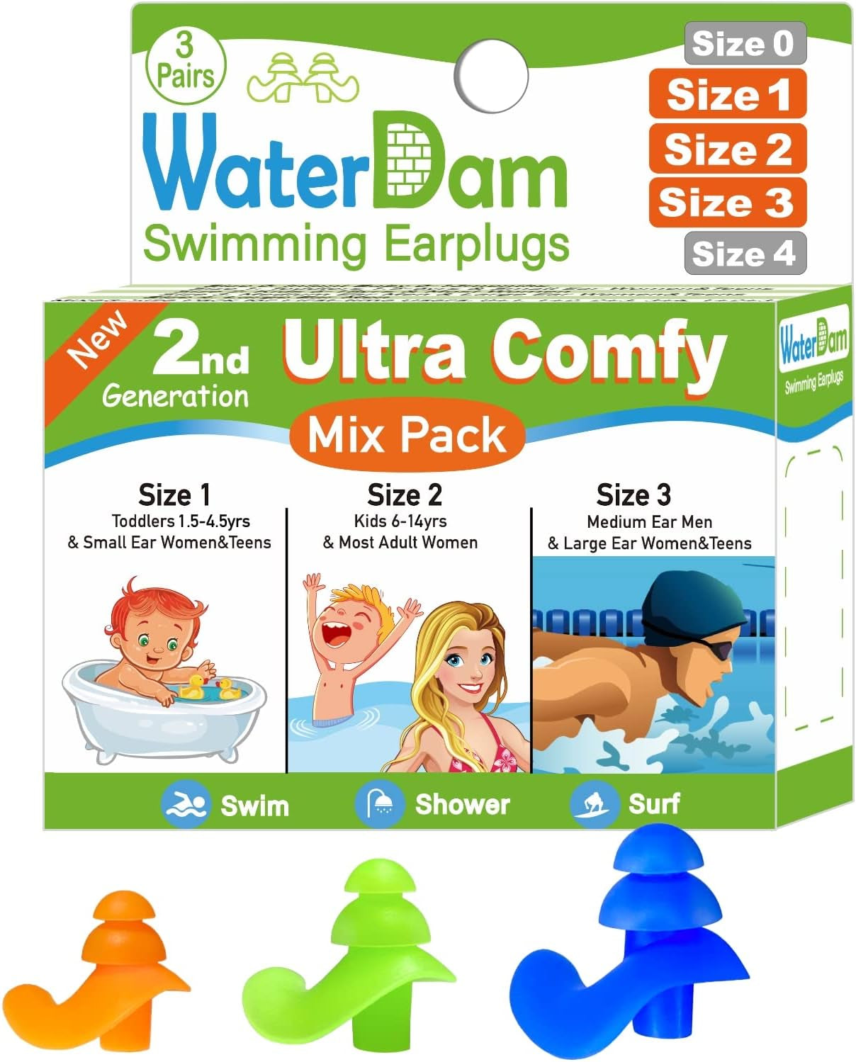 A-Series Swimming Ear Plugs Ultra Comfy Great Waterproof Earplugs (Mixed Sizes, Size 2A+2: Kids Teens Medium Ear Women Small Ear Men (Green Blue))