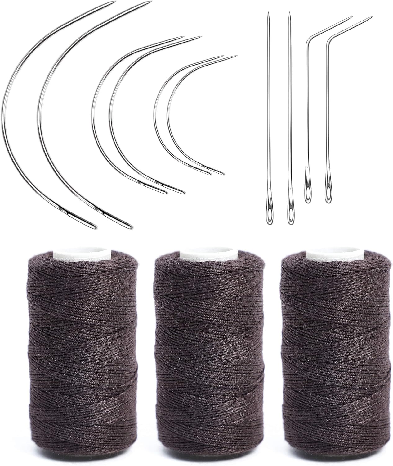 Weaving Needle Combo Deal Black Thread with 10Pcs Needle for Making Wig Sewing Hair Weft Hair Weave Extension, Big Medium and Small C J Shape Curved Needle I Needle (3 Thread Black + 10 Needle)