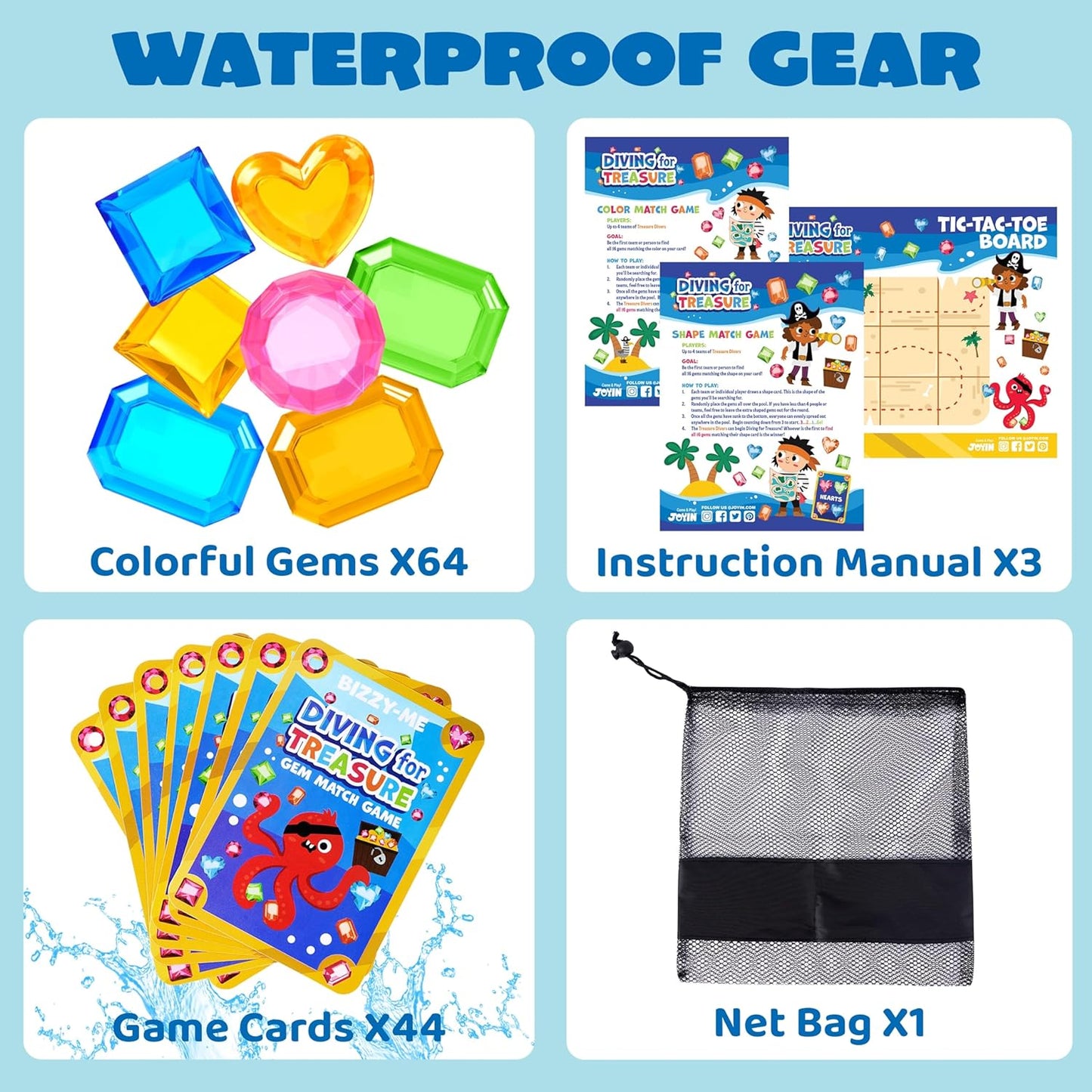 4-In-1 Diving Pool Toys, Underwater Seek and Find Gems Game Set Waterproof, Swiming Pool Toys for Kids with Mesh Bag, Water Toy Gifts for Summer Swim Dive Search Treasure Match Games