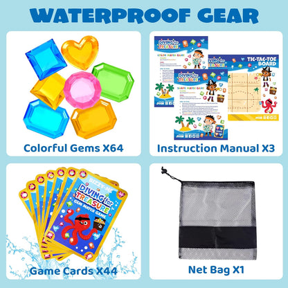 4-In-1 Diving Pool Toys, Underwater Seek and Find Gems Game Set Waterproof, Swiming Pool Toys for Kids with Mesh Bag, Water Toy Gifts for Summer Swim Dive Search Treasure Match Games