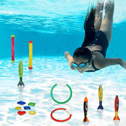 18Pcs Diving Pool Toys for Kids, Swimming Pool Toy with Storage Bag Includes 4 Pool Rings, 4 Diving Sticks, 4 Bandits, 6 Treasures Underwater Swim Pool Games for Ages 8-12