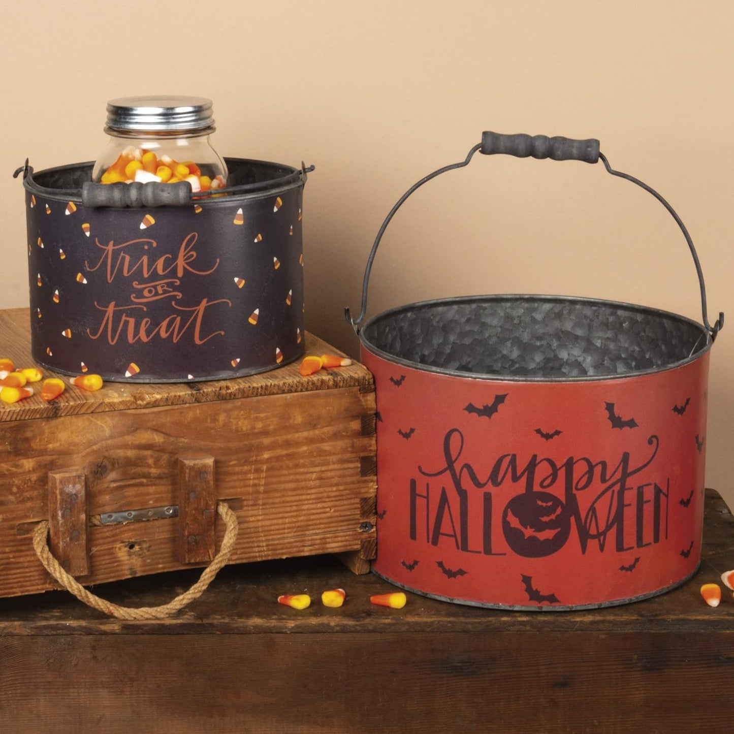 Halloween Metal Buckets, Set of 2, Trick or Treat