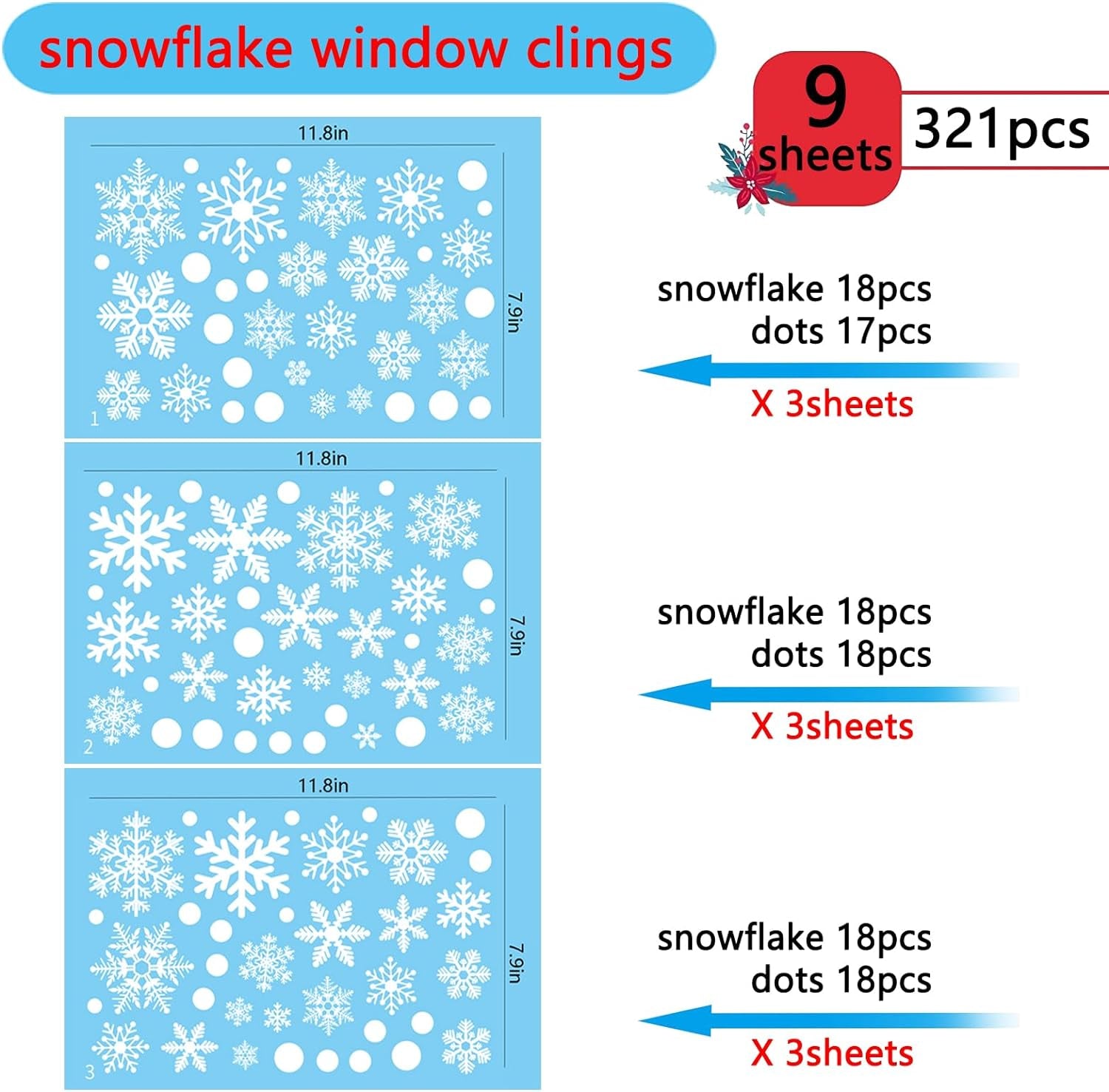 321PCS Snowflake Window Clings for Glass Windows, 9 Sheets Christmas Window Clings for Glass Windows, Christmas Window Stickers for Glass, Winter Window Clings for Glass Windows, Holiday Office