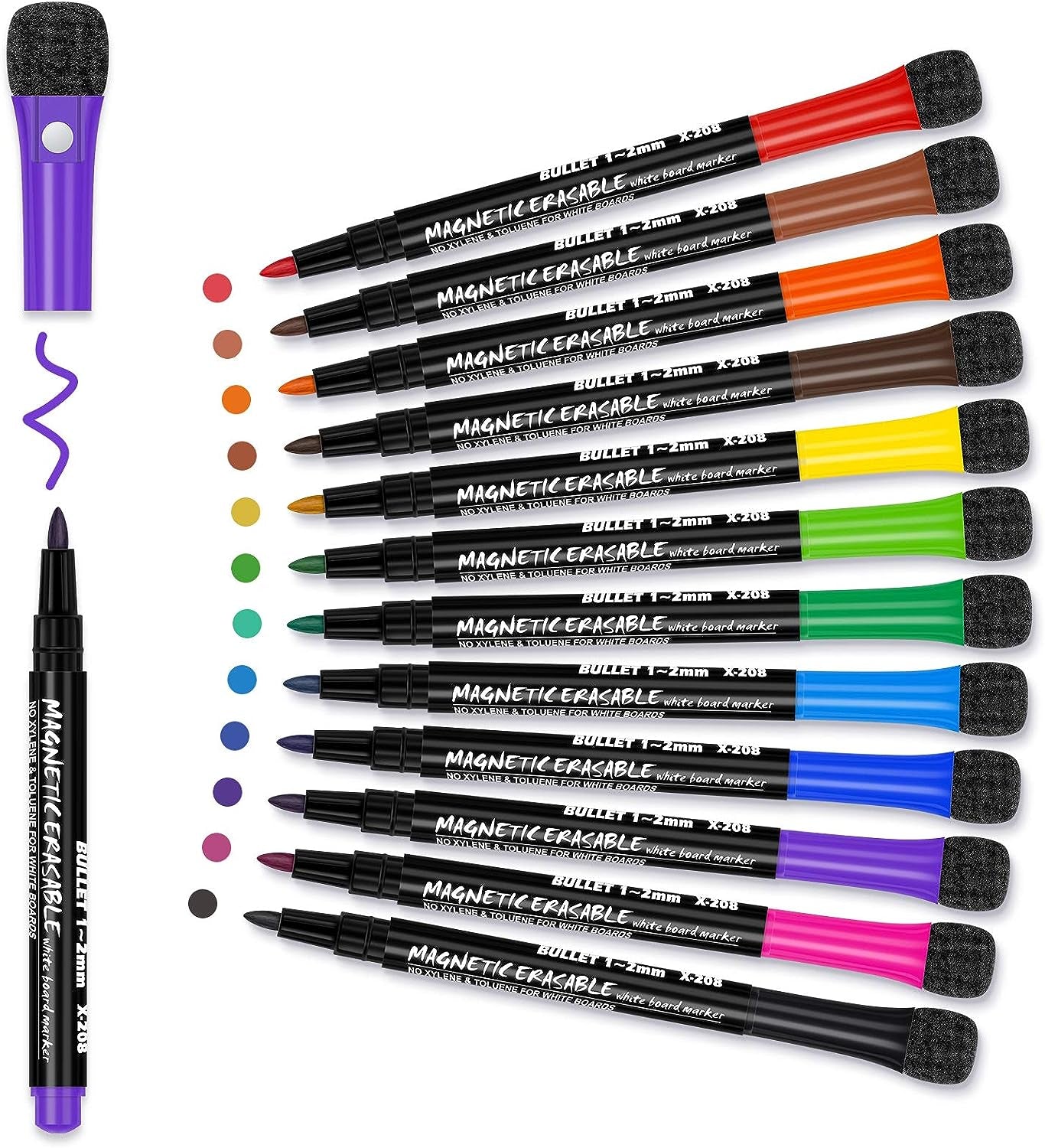 Magnetic Dry Erase Markers Fine: 12 Colors Erasable Whiteboard Markers Fine Point with Eraser Cap, Low Odor White Board Dry Erase Pens Fine Tip for Kids & Teachers, Home, Office and School Supplies